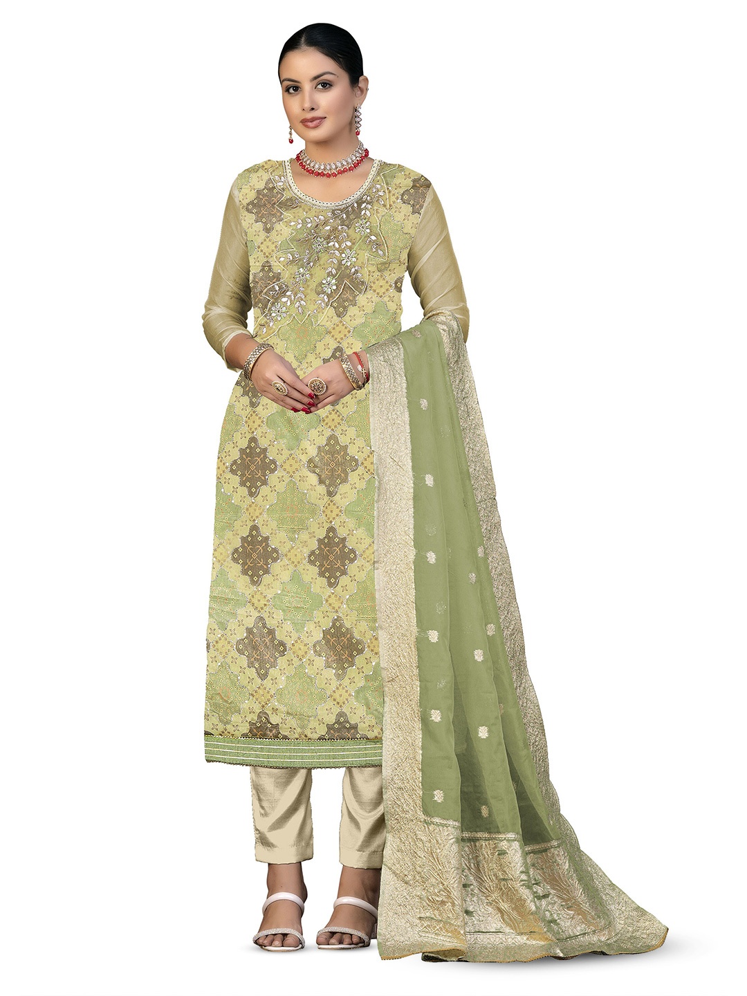 

MANVAA Printed Sequinned Organza Unstitched Dress Material, Green