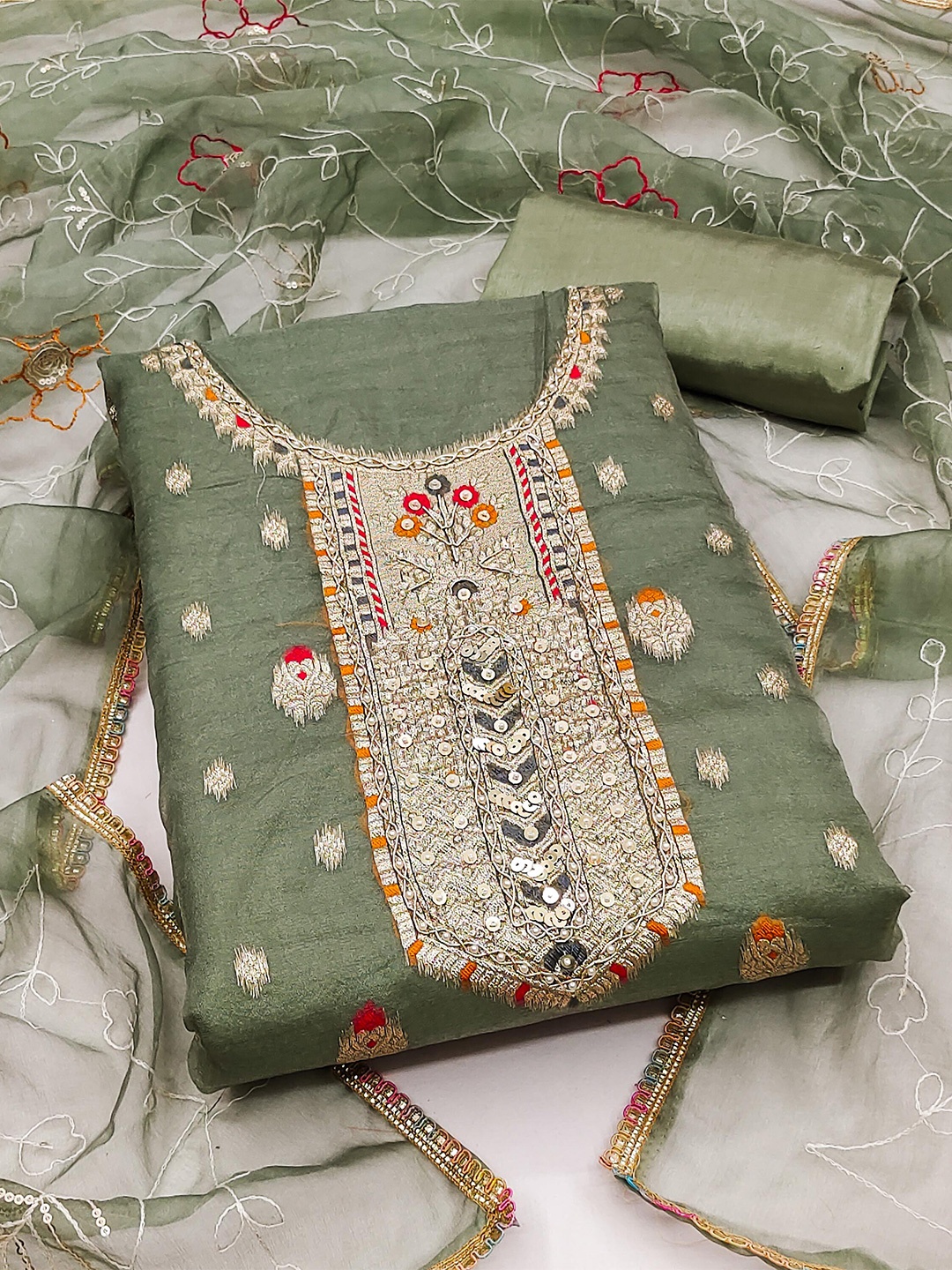 

MANVAA Ethnic Woven Design Organza Unstitched Dress Material, Sea green