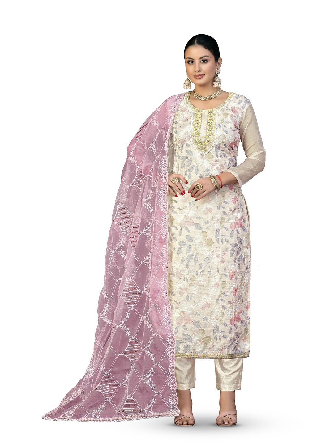 

MANVAA Floral Printed Organza Unstitched Dress Material, Pink