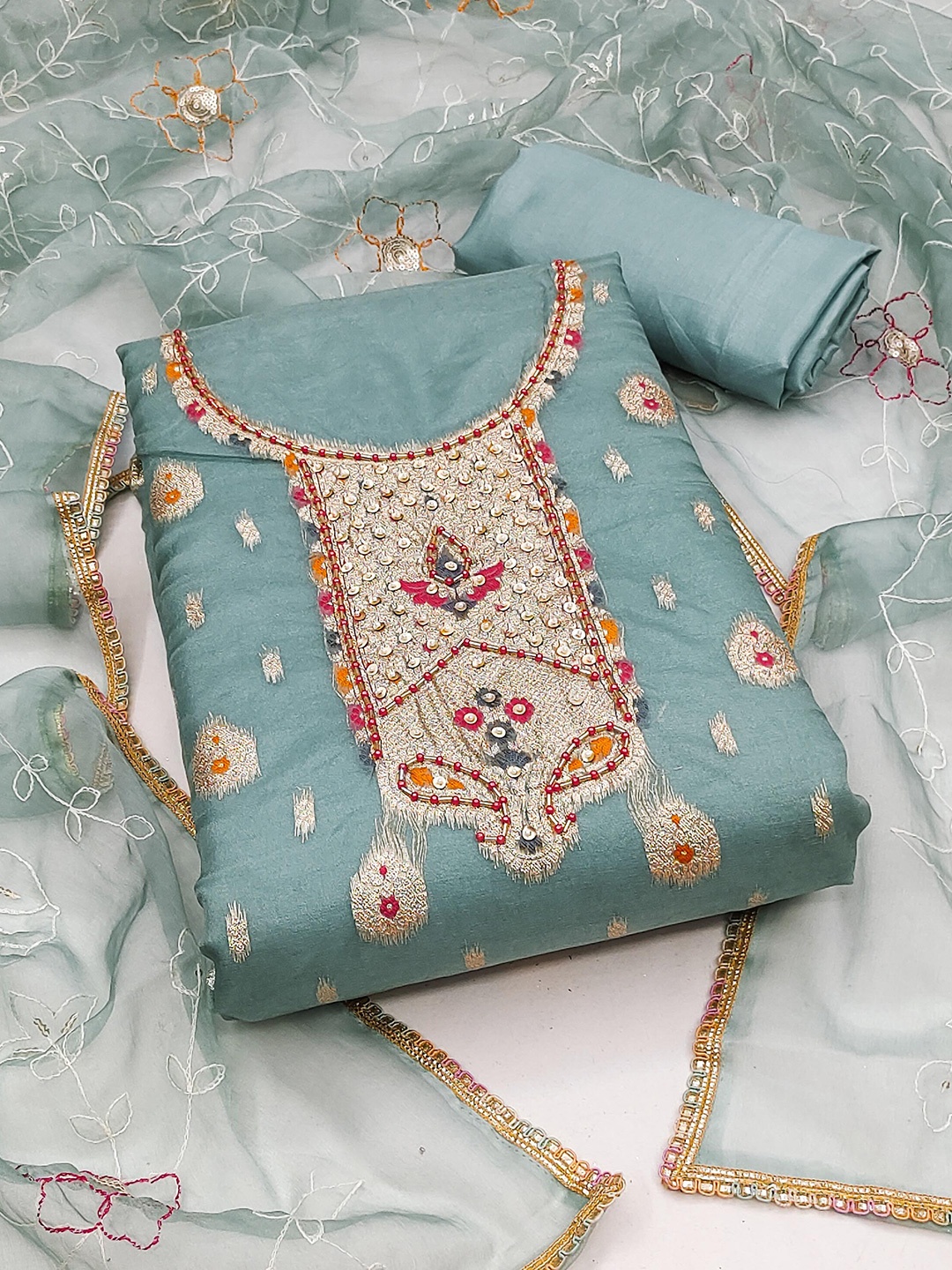 

MANVAA Ethnic Motifs Woven Design Beads and Stones Unstitched Dress Material, Sea green