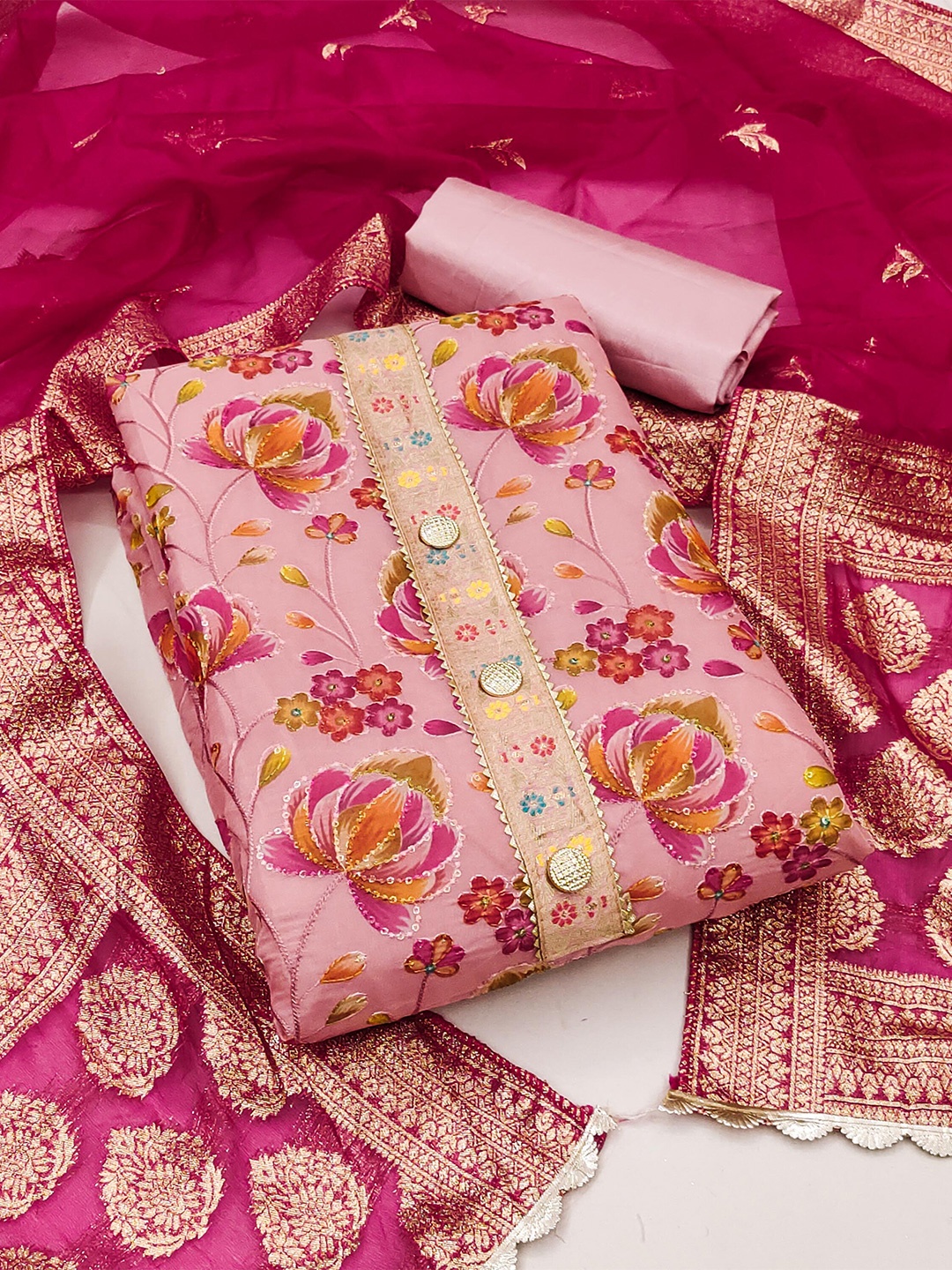 

MANVAA Floral Printed Unstitched Dress Material, Pink