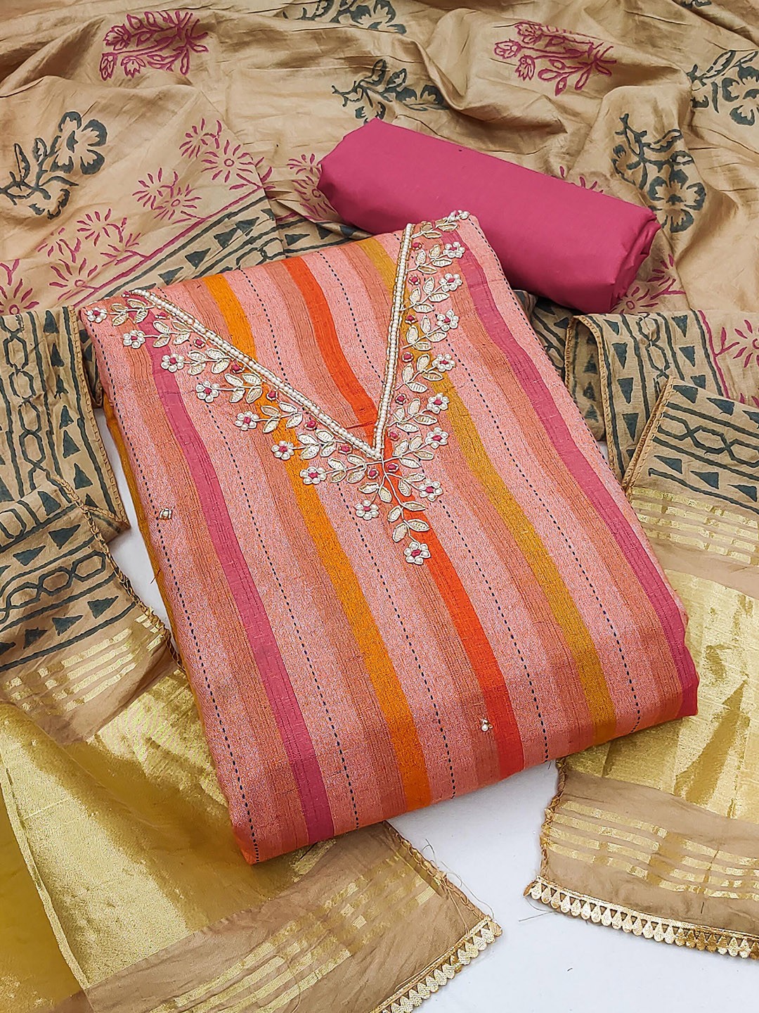 

MANVAA Striped Gotta Patti Unstitched Dress Material, Pink
