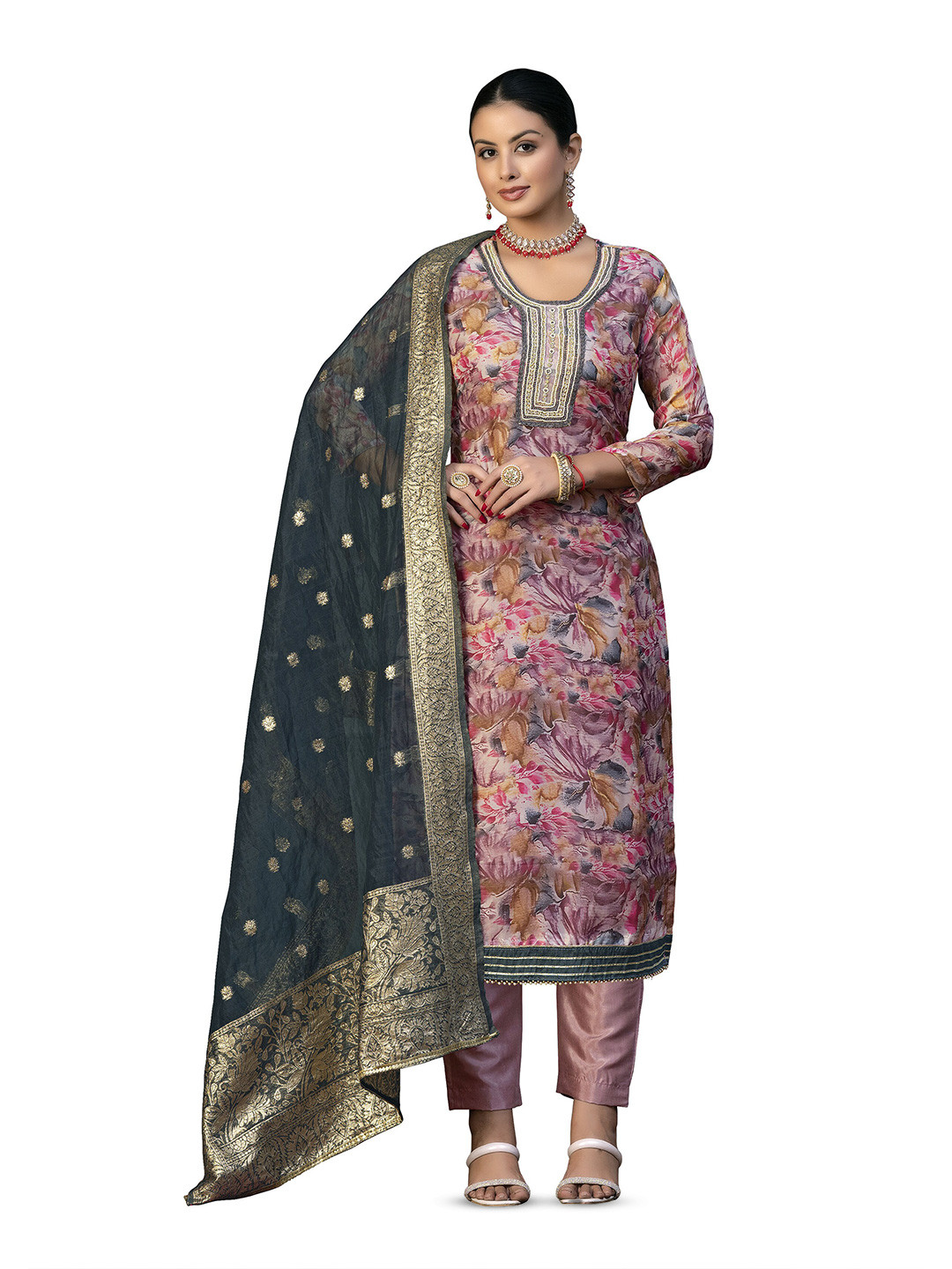 

MANVAA Floral Printed Beads & Stones Unstitched Dress Material, Pink