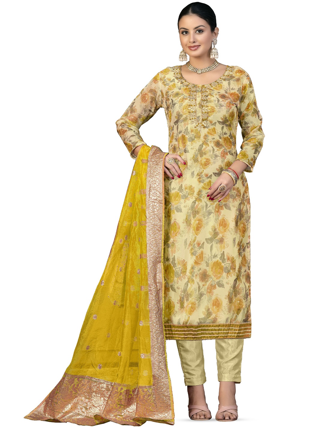 

MANVAA Floral Printed Beads & Stones Unstitched Dress Material, Mustard