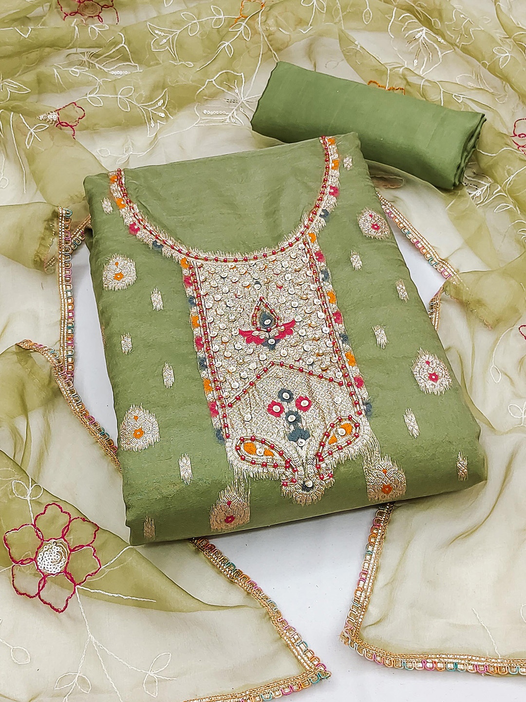 

MANVAA Ethnic Motif Woven Design Organza Unstitched Dress Material, Green