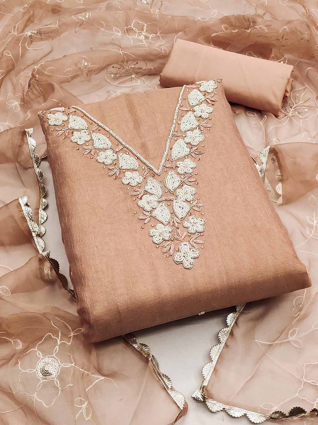 

MANVAA Embellished Unstitched Dress Material, Peach
