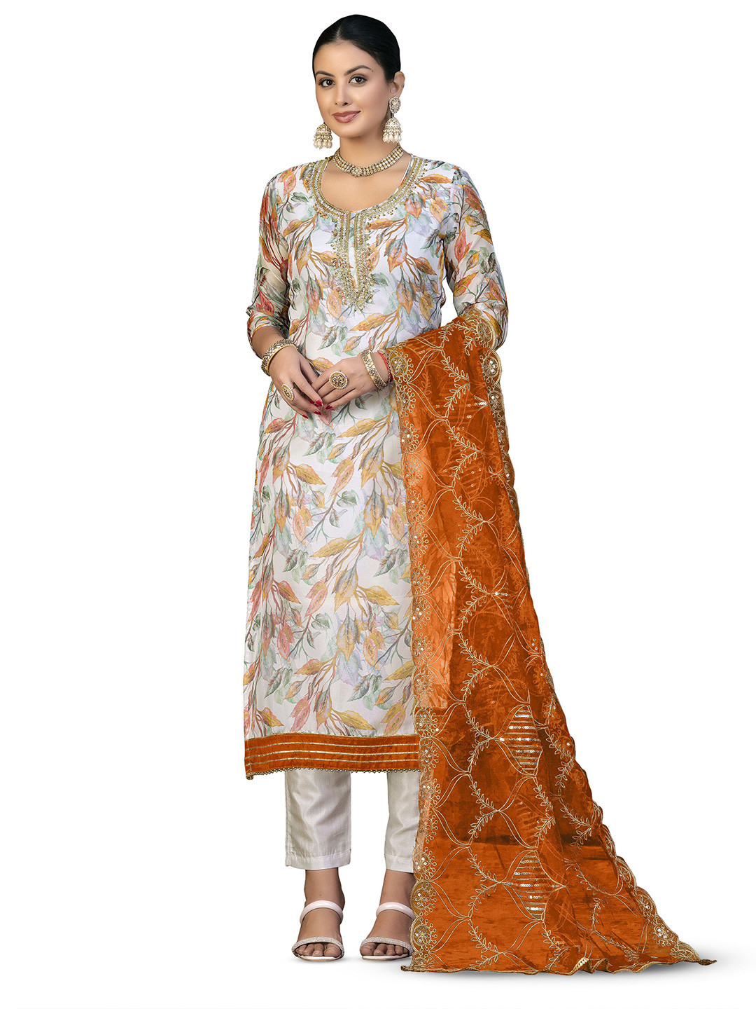 

MANVAA Printed Organza Unstitched Dress Material, White