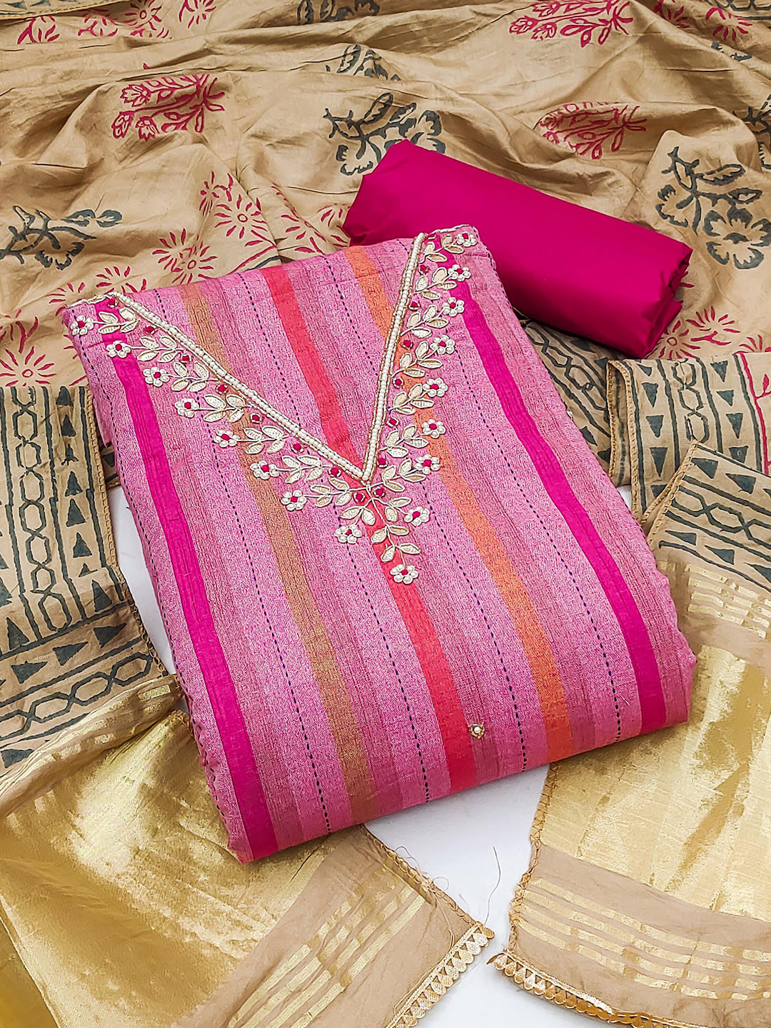 

MANVAA Striped Beads & Stones Unstitched Dress Material, Pink
