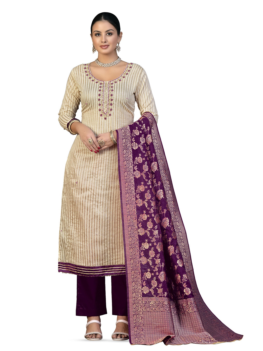 

MANVAA Striped Unstitched Dress Material, Beige