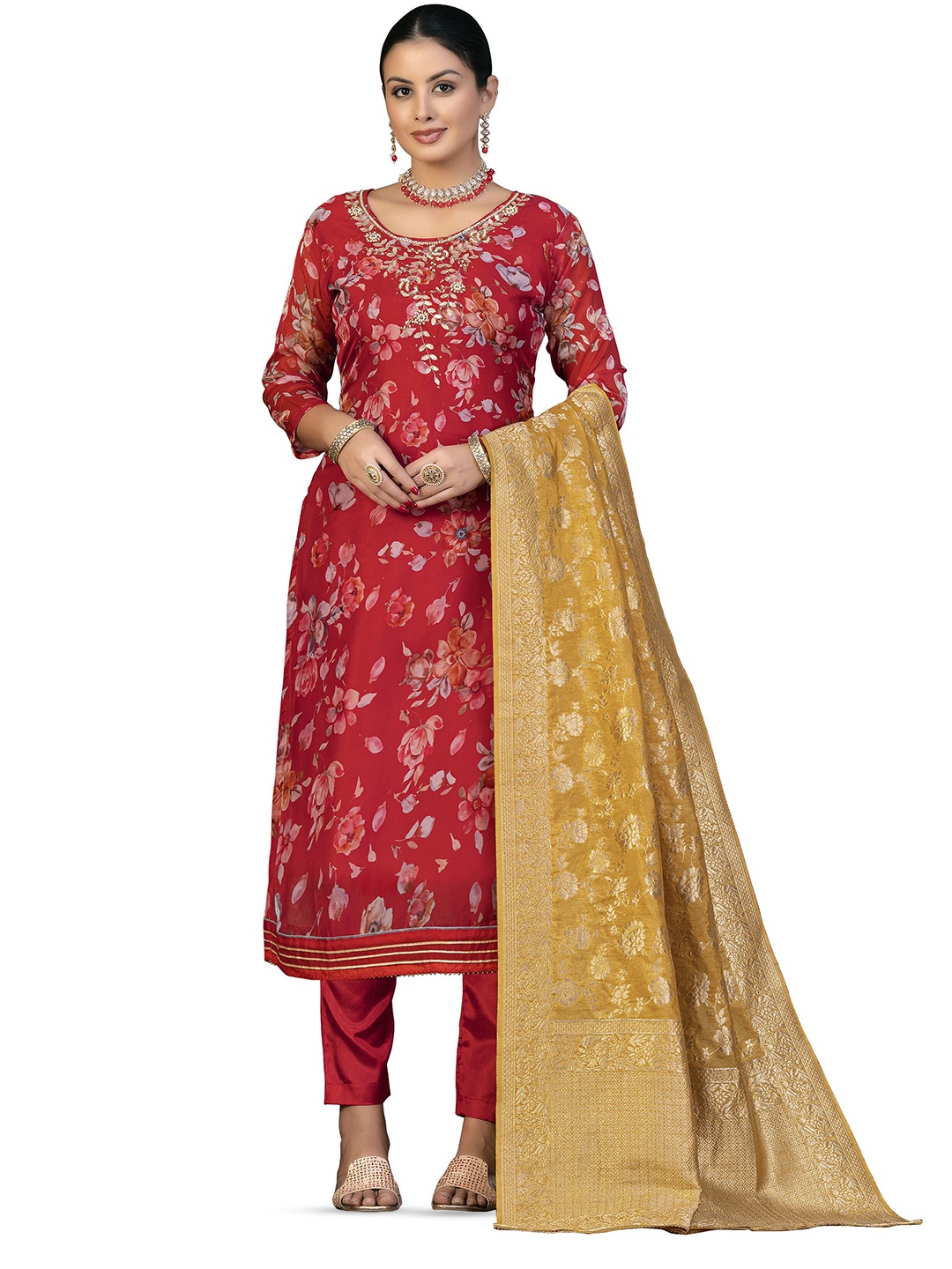 

MANVAA Floral Printed Zari Unstitched Dress Material, Red