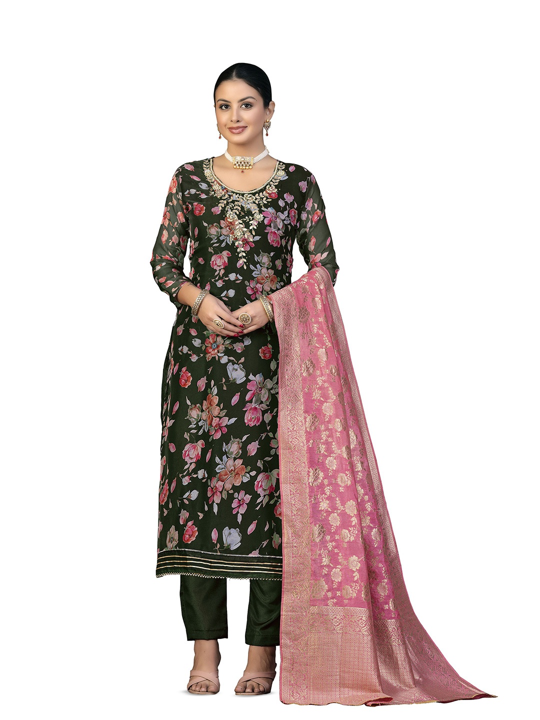 

MANVAA Floral Printed Sequinned Unstitched Dress Material, Green