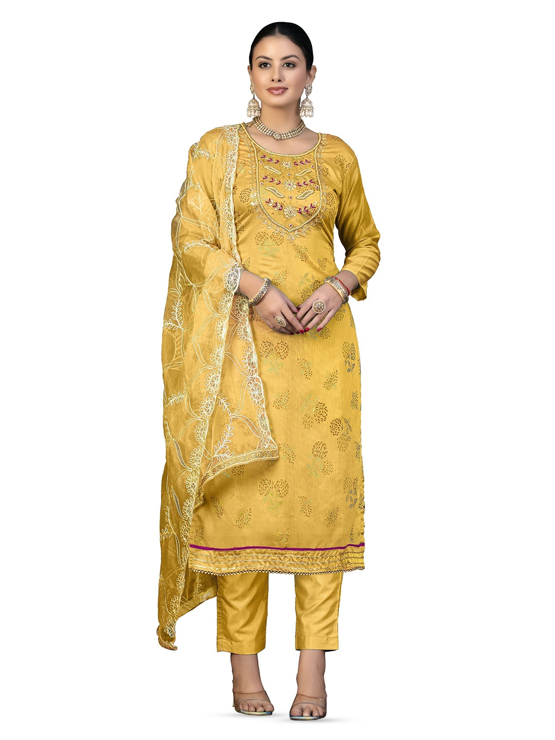 

MANVAA Floral Printed Beads & Stones Unstitched Dress Material, Mustard