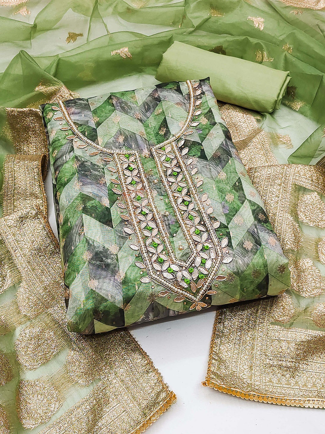 

MANVAA Abstract Printed Unstitched Dress Material, Green
