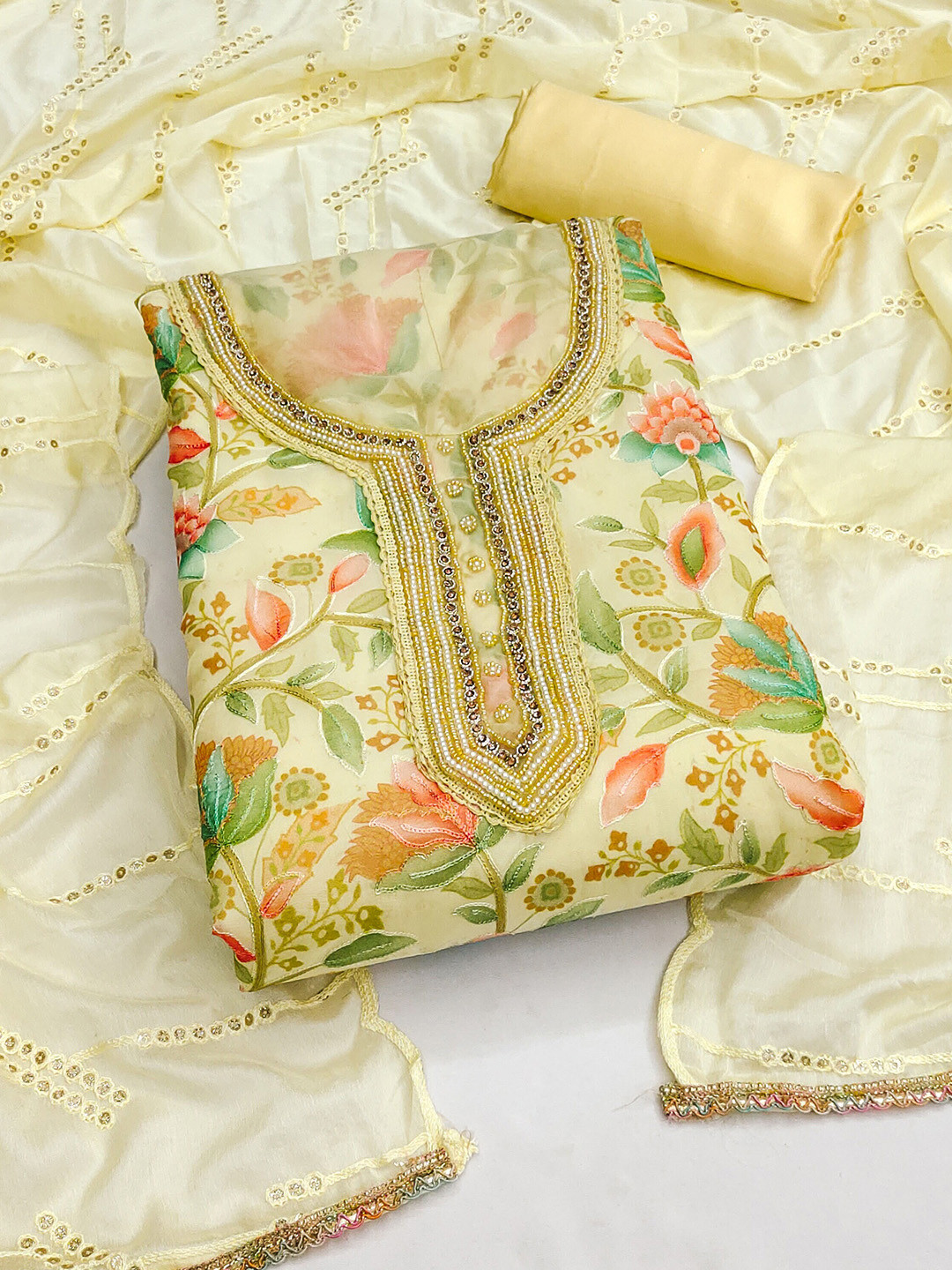 

MANVAA Floral Printed Beads & Stones Unstitched Dress Material, Yellow