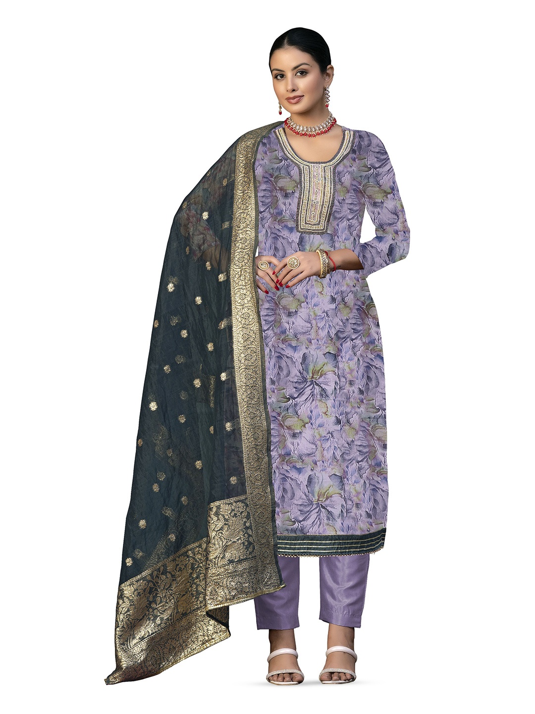 

MANVAA Floral Printed Beads & Stones Unstitched Dress Material, Lavender