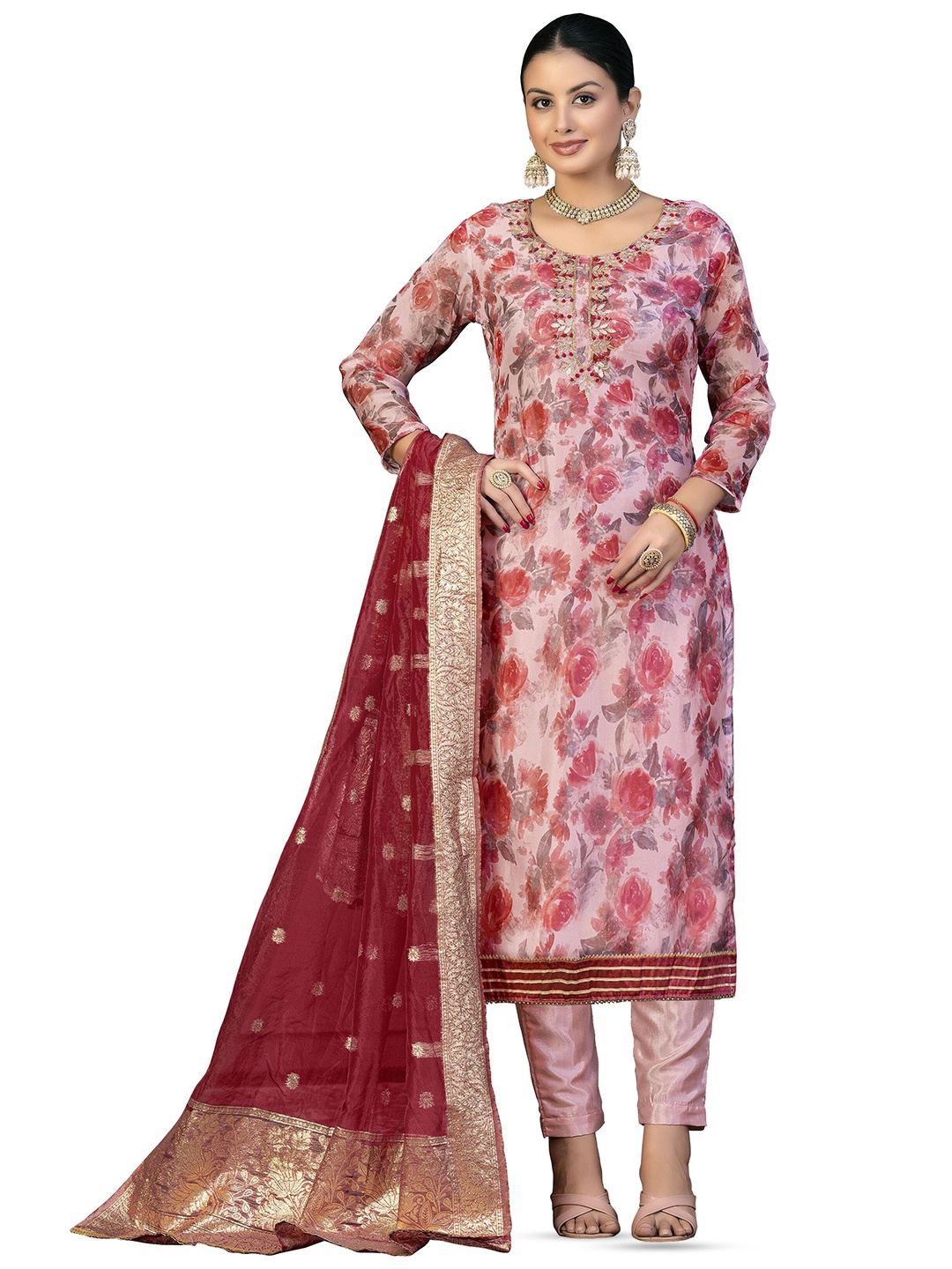 

MANVAA Floral Printed Organza Unstitched Dress Material, Pink