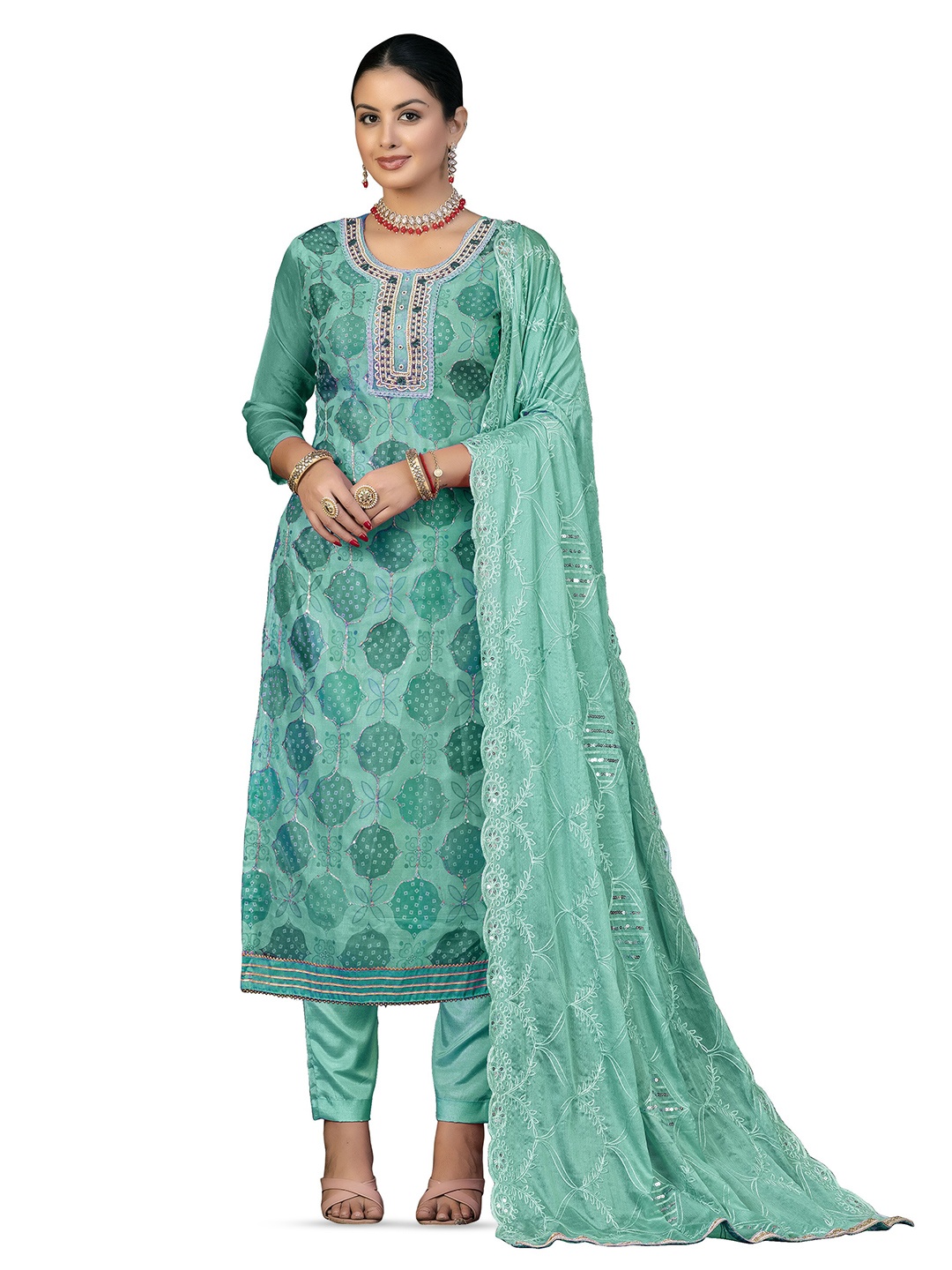 

MANVAA Ethnic Motifs Printed Thread Work Sequined Organza Unstitched Dress Material, Sea green