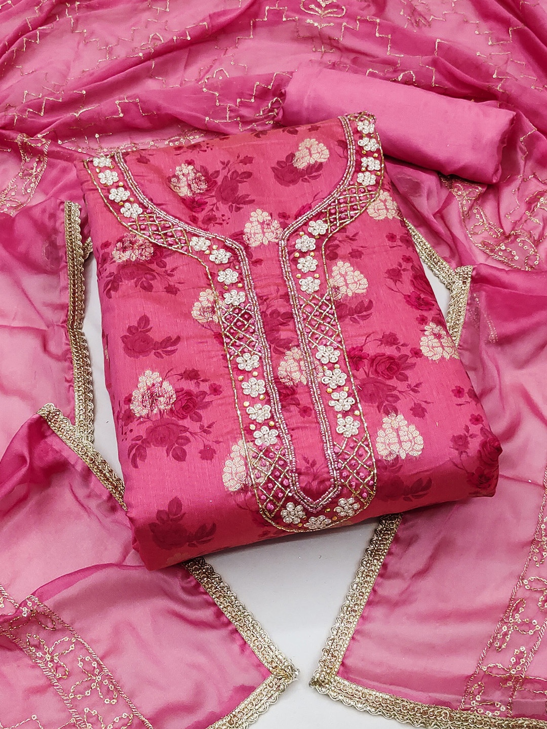 

MANVAA Floral Printed Beads and Stones Unstitched Dress Material, Pink