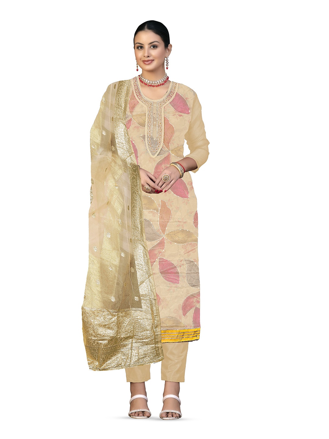 

MANVAA Floral Embellished Sequinned Organza Unstitched Dress Material, Beige