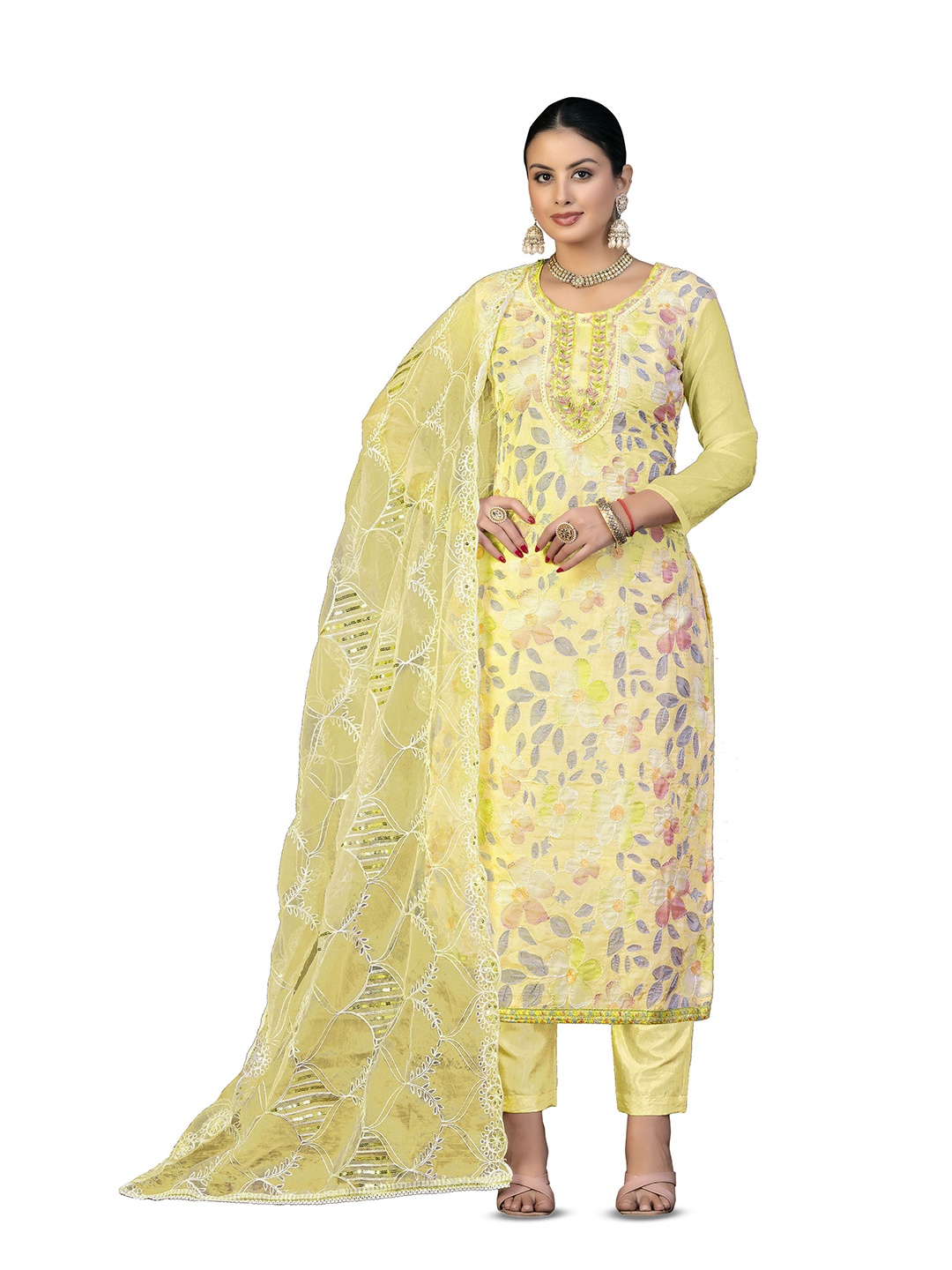 

MANVAA Floral Embellished Beads And Stones Organza Unstitched Dress Material, Yellow