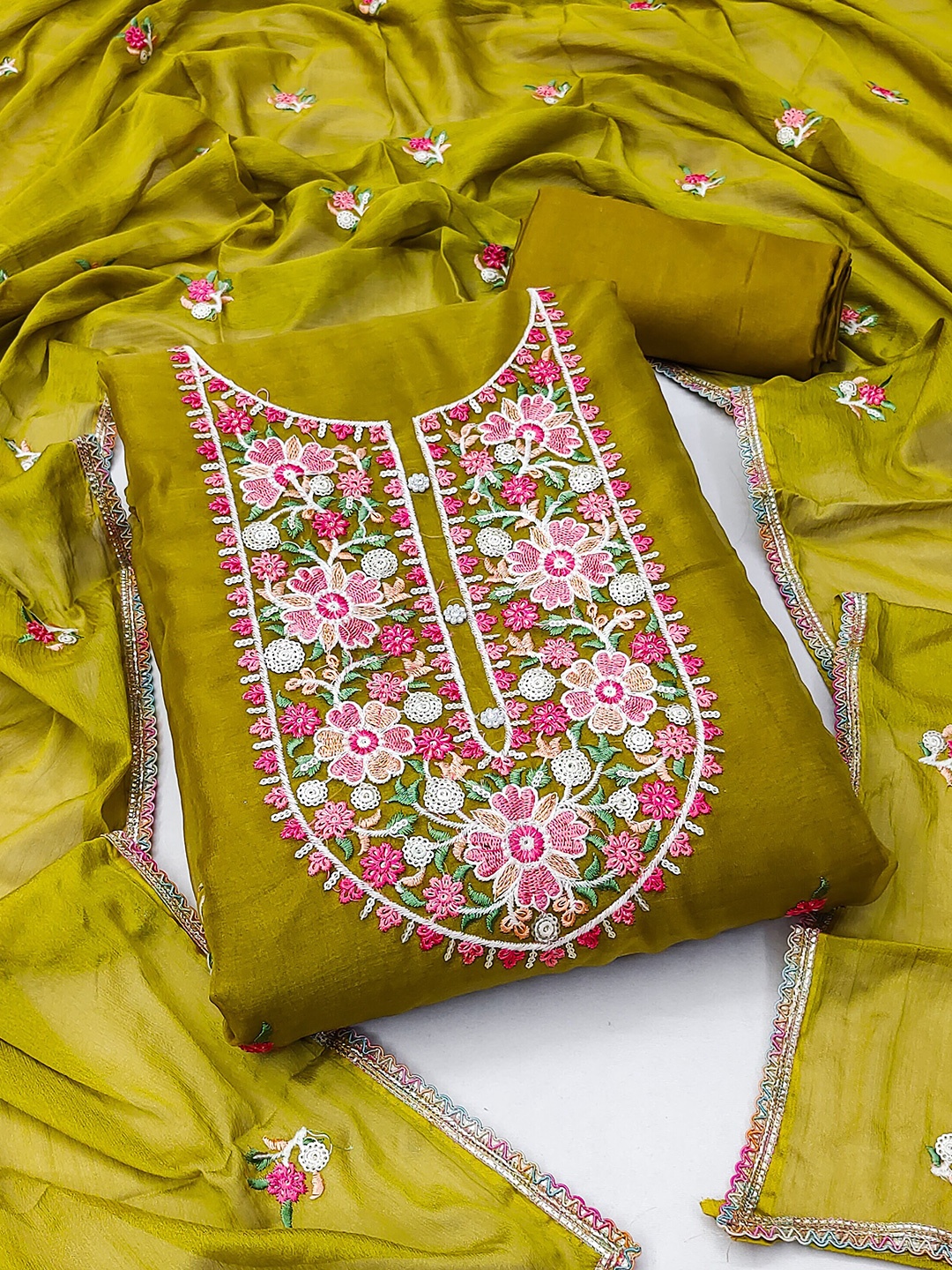 

MANVAA Floral Embroidered Organza Unstitched Dress Material, Green