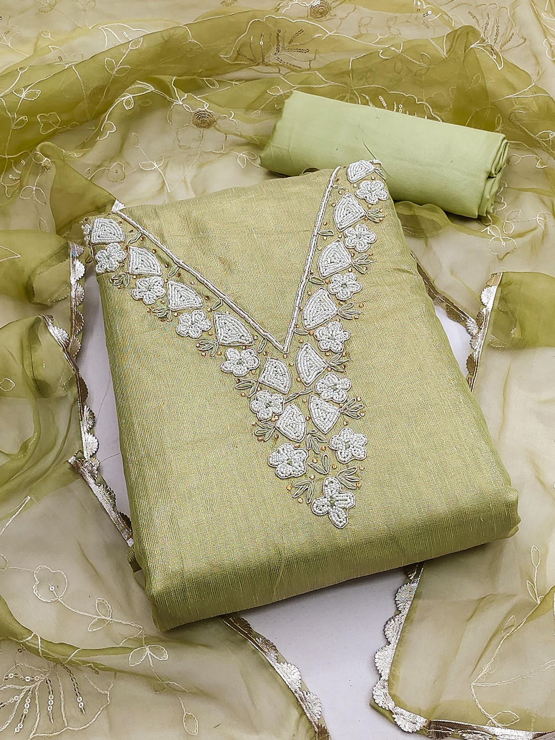 

MANVAA Floral Embellished Beads and Stones Unstitched Dress Material, Olive
