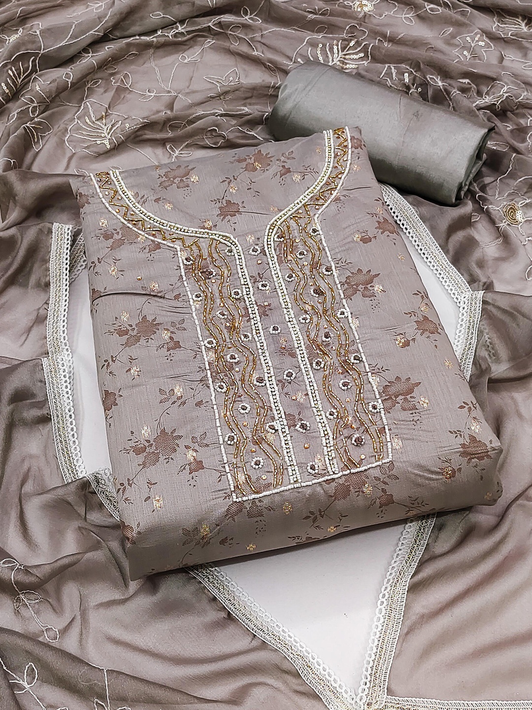 

MANVAA Floral Printed Unstitched Dress Material, Grey