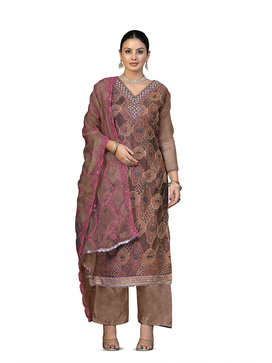 

MANVAA Ethnic Motifs Printed Mirror Work Unstitched Dress Material, Brown