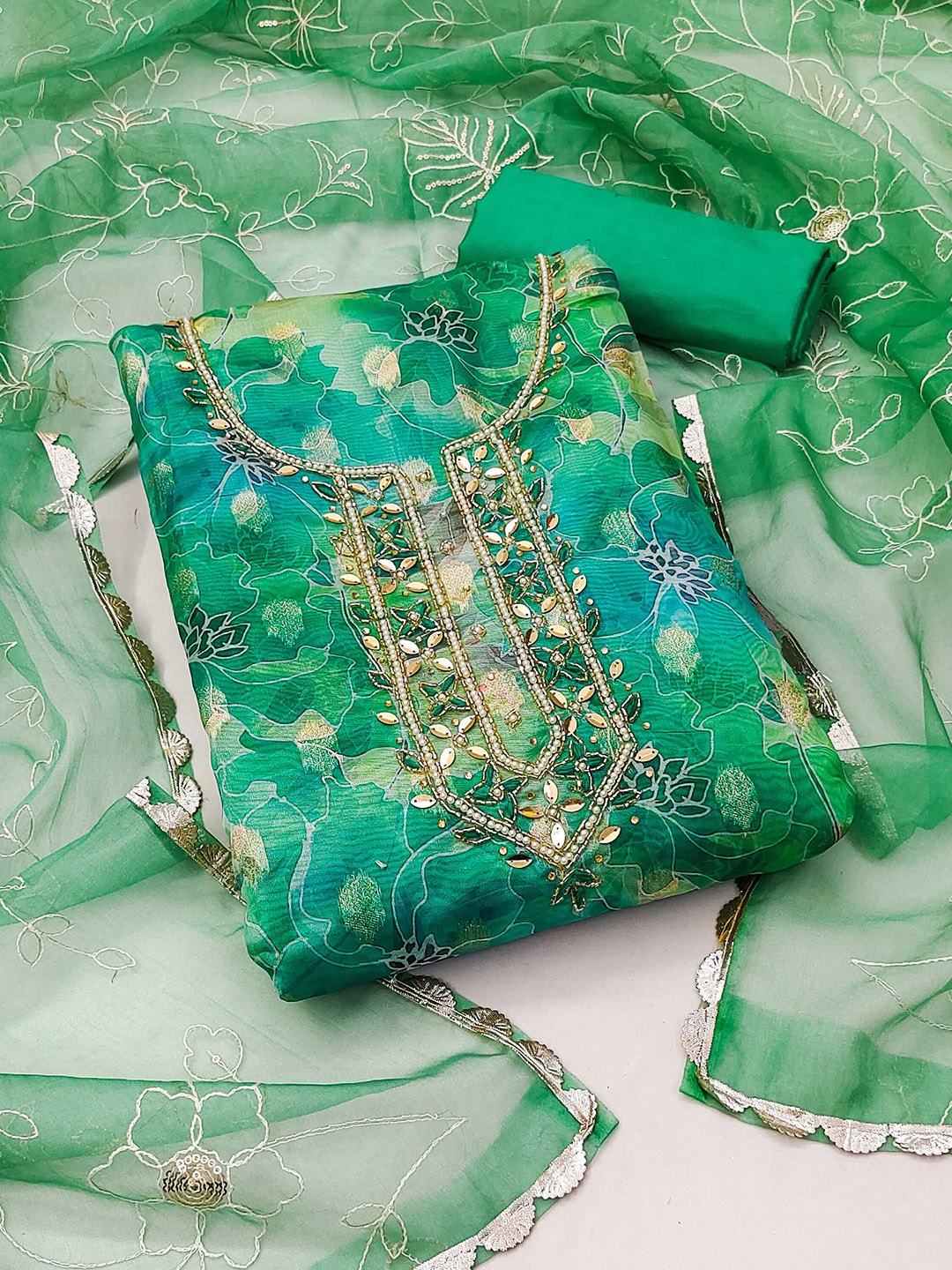

MANVAA Floral Printed Beads & Stones Organza Unstitched Dress Material, Green