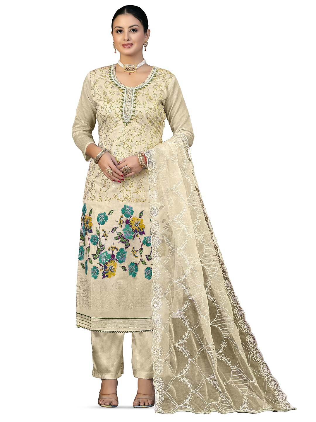 

MANVAA Floral Printed Beads & Stones Unstitched Dress Material, Beige