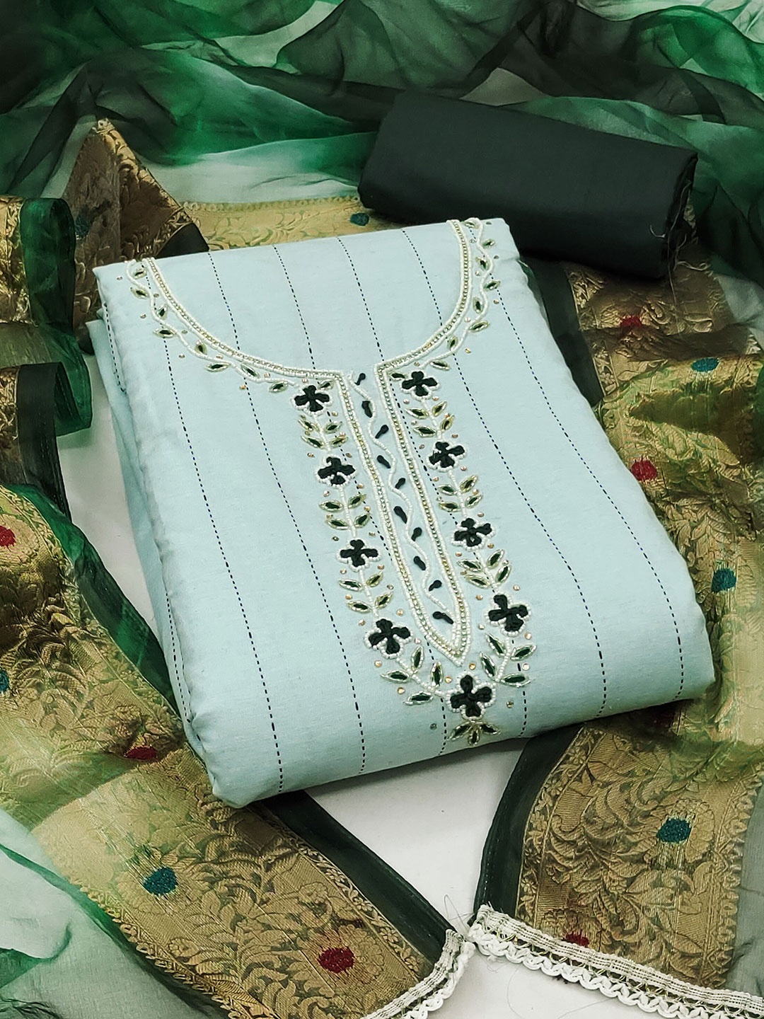 

MANVAA Floral Woven Design Unstitched Dress Material, Sea green