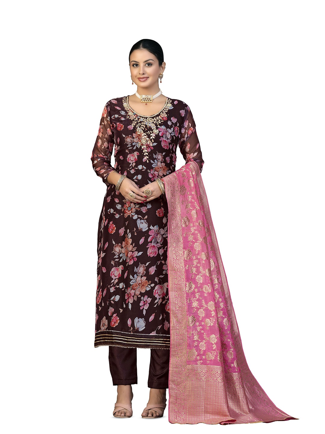 

MANVAA Floral Digital Printed Gotta Patti Organza Unstitched Dress Material, Purple