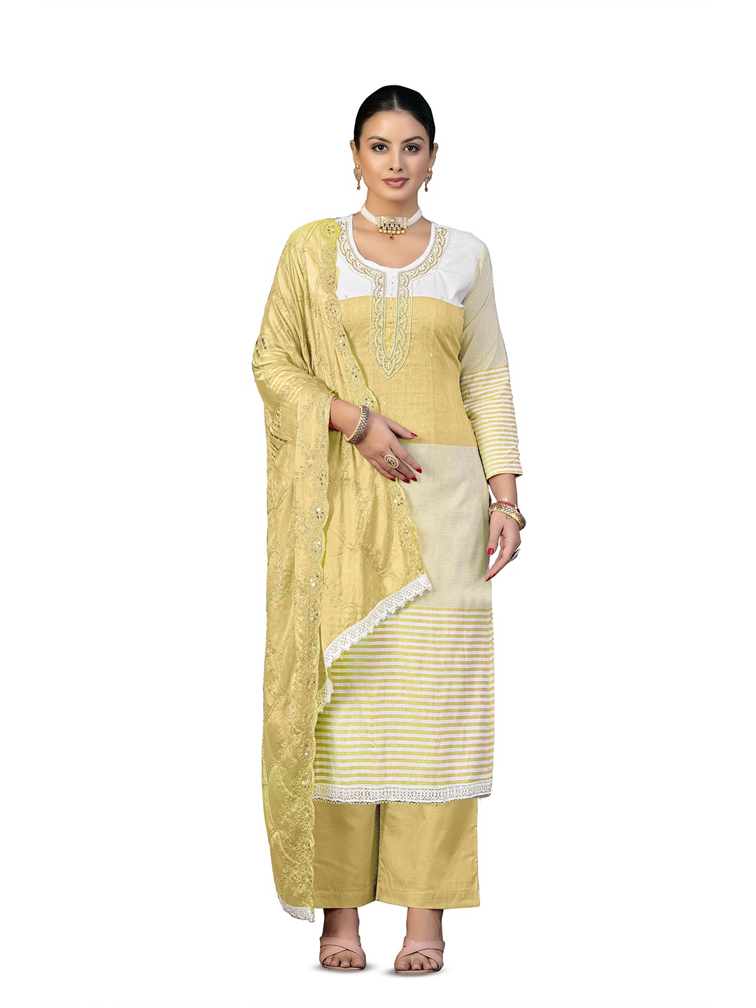 

MANVAA Ethnic Motifs Embroidered Zari Unstitched Dress Material, Gold