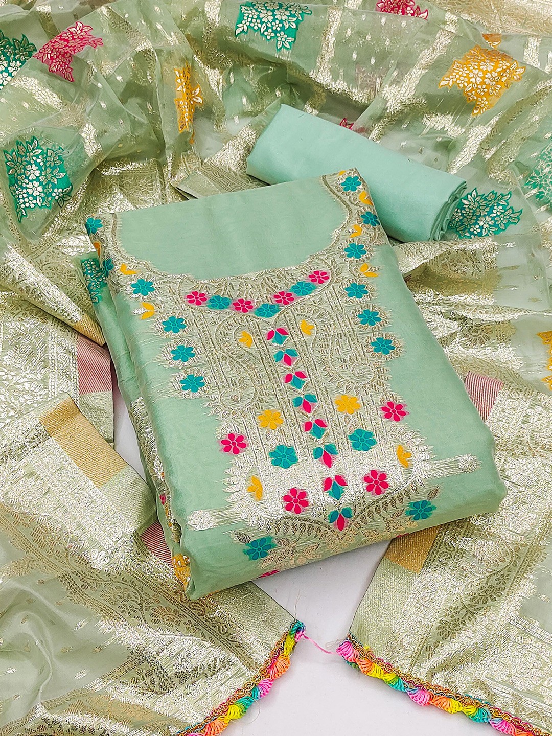 

MANVAA Organza Unstitched Dress Material, Sea green