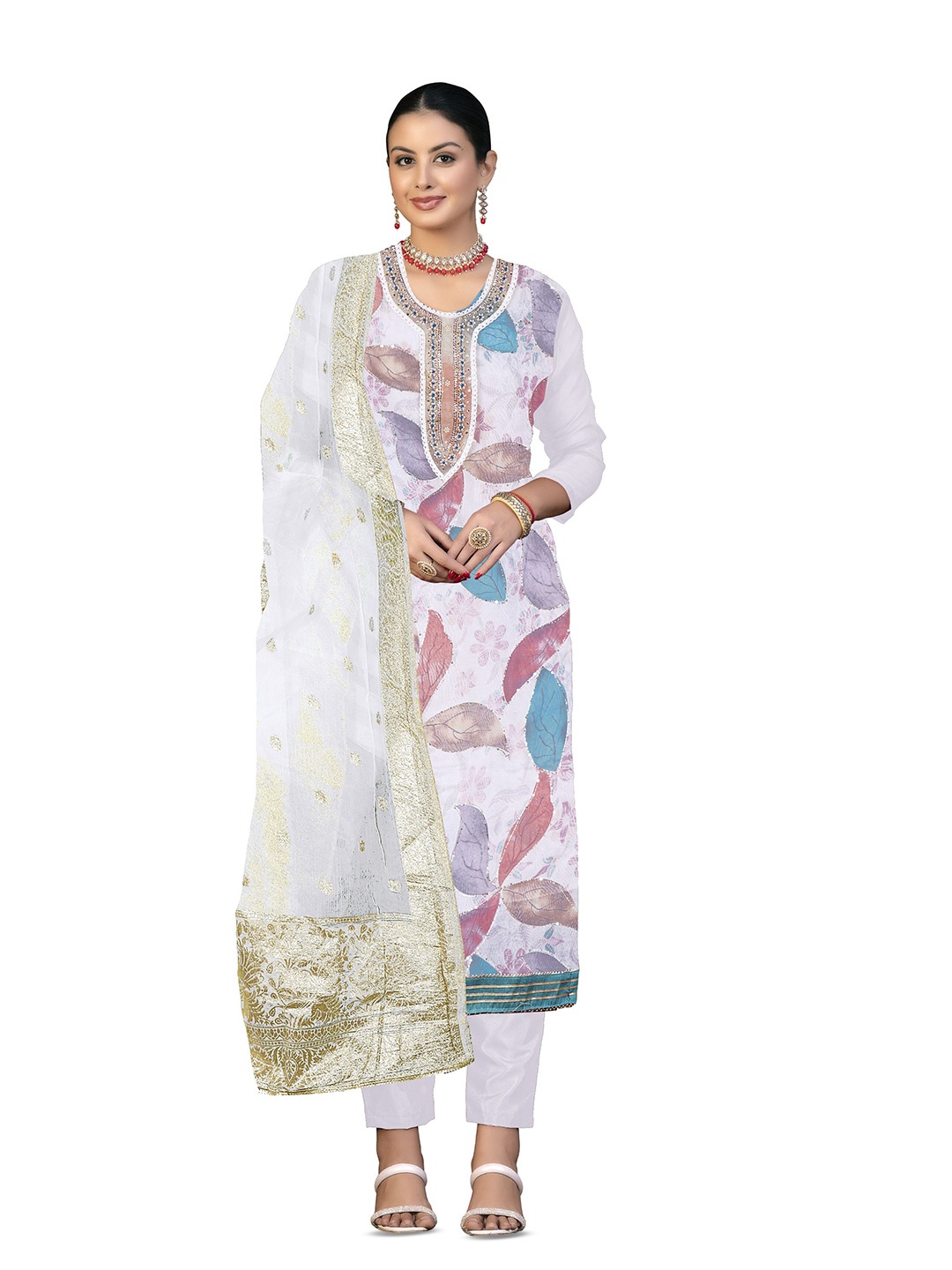 

MANVAA Embellished Organza Unstitched Dress Material, Off white