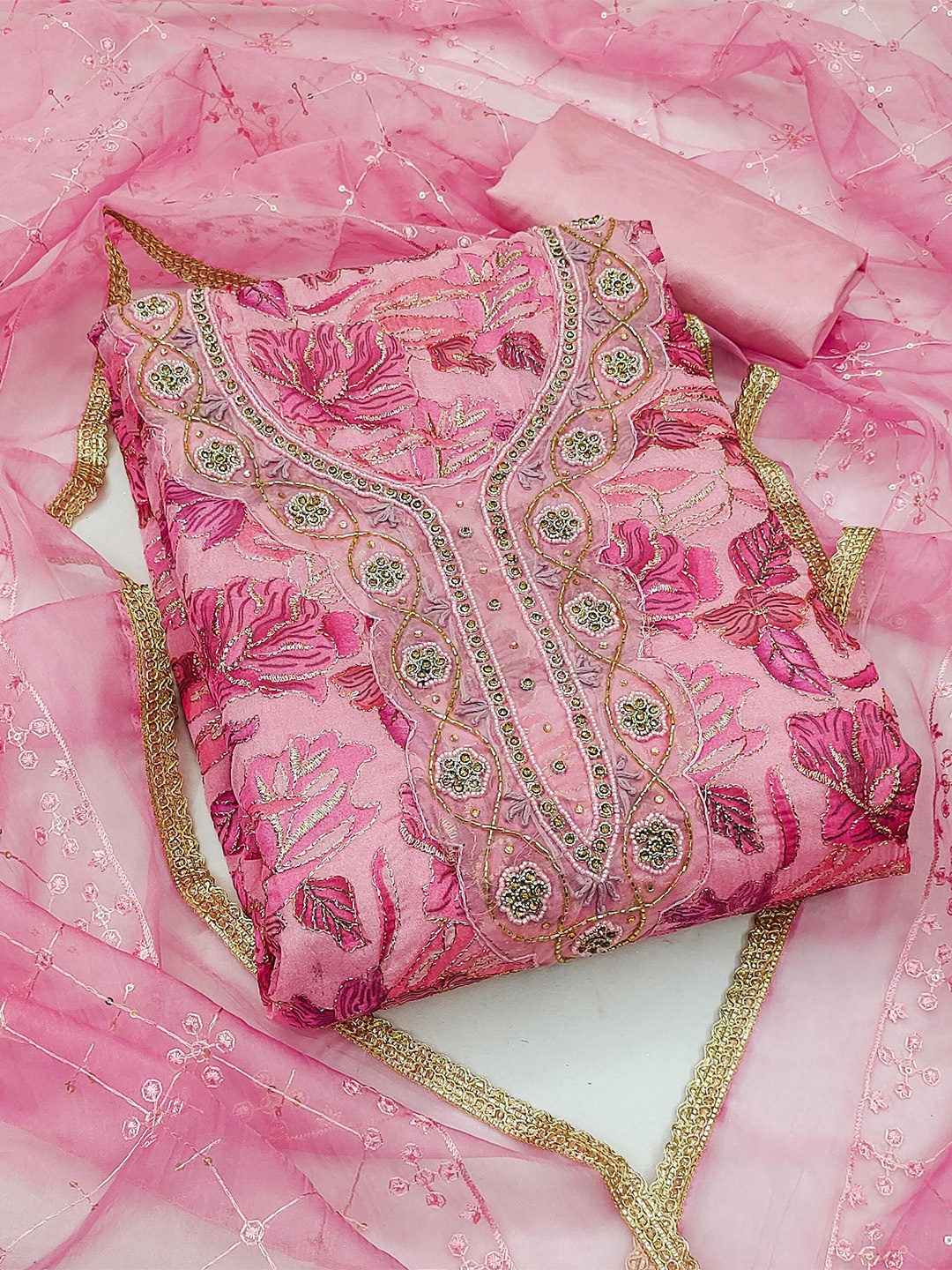 

MANVAA Floral Printed Beads & Stones Organza Unstitched Dress Material, Pink