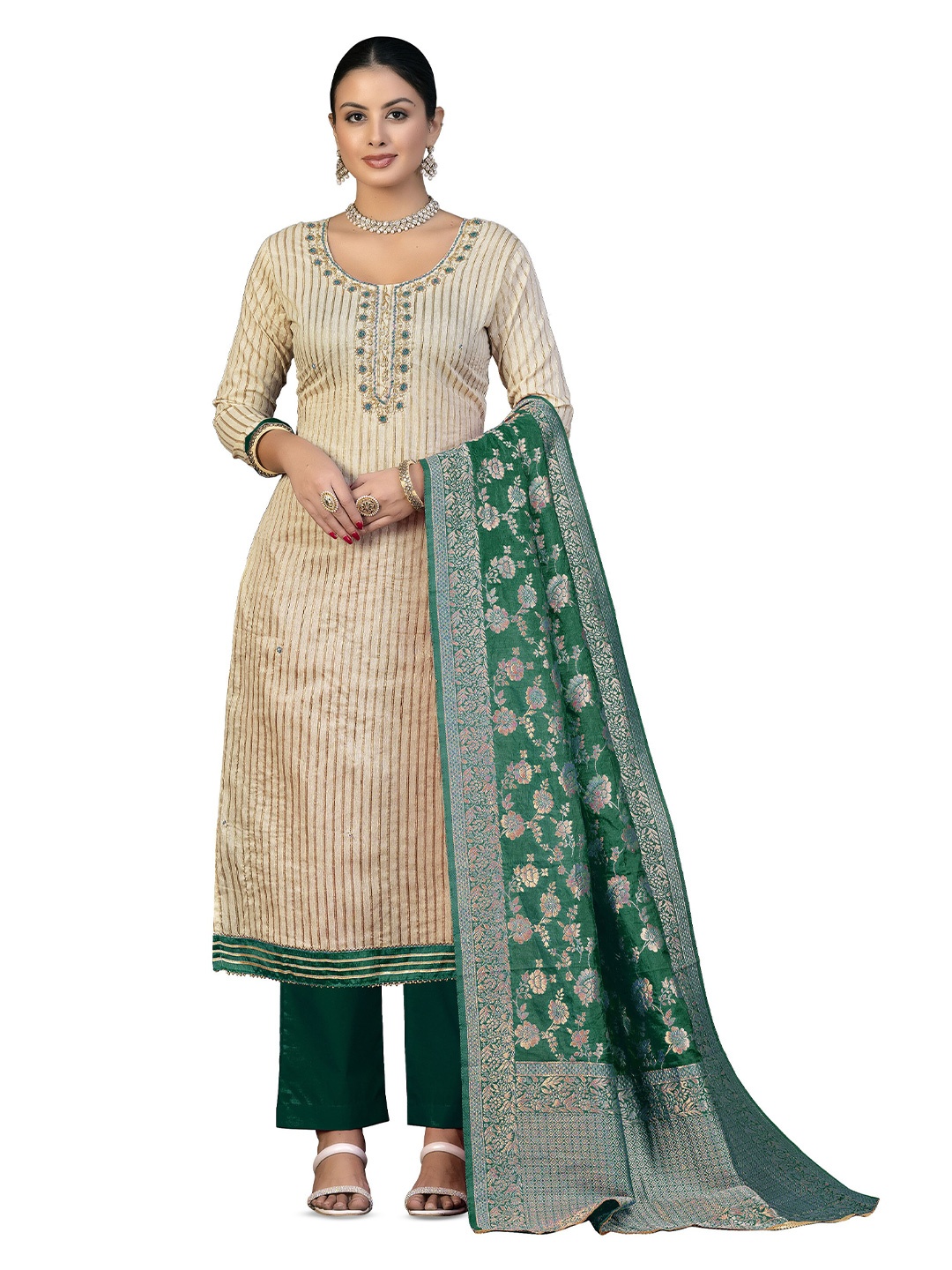 

MANVAA Embellished Unstitched Dress Material, Beige