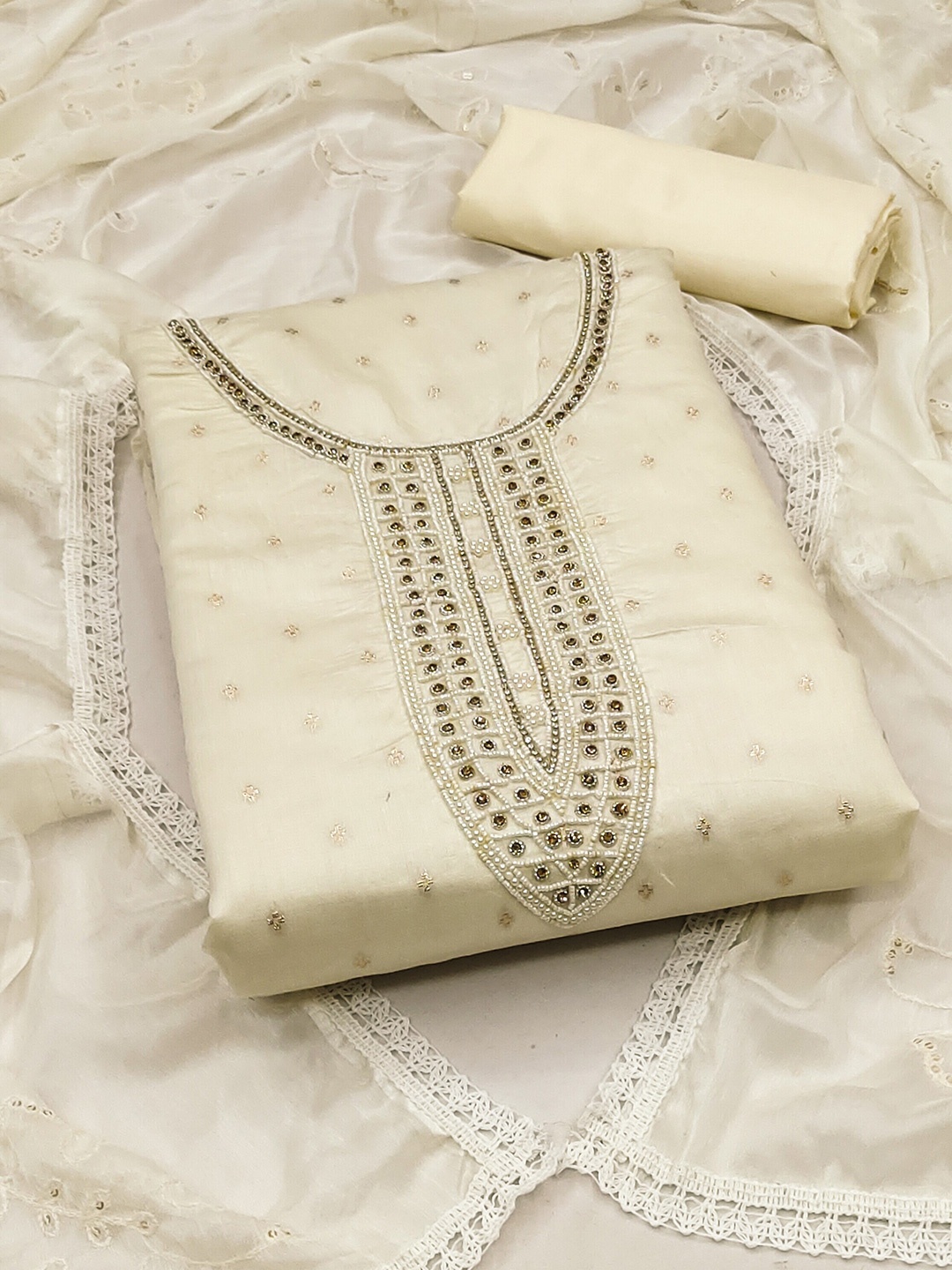 

MANVAA Embellished Unstitched Dress Material, Off white