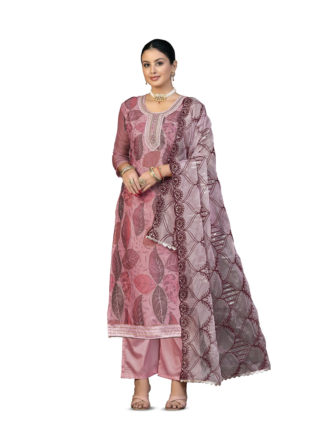 

MANVAA Floral Printed Sequinned Unstitched Dress Material, Pink