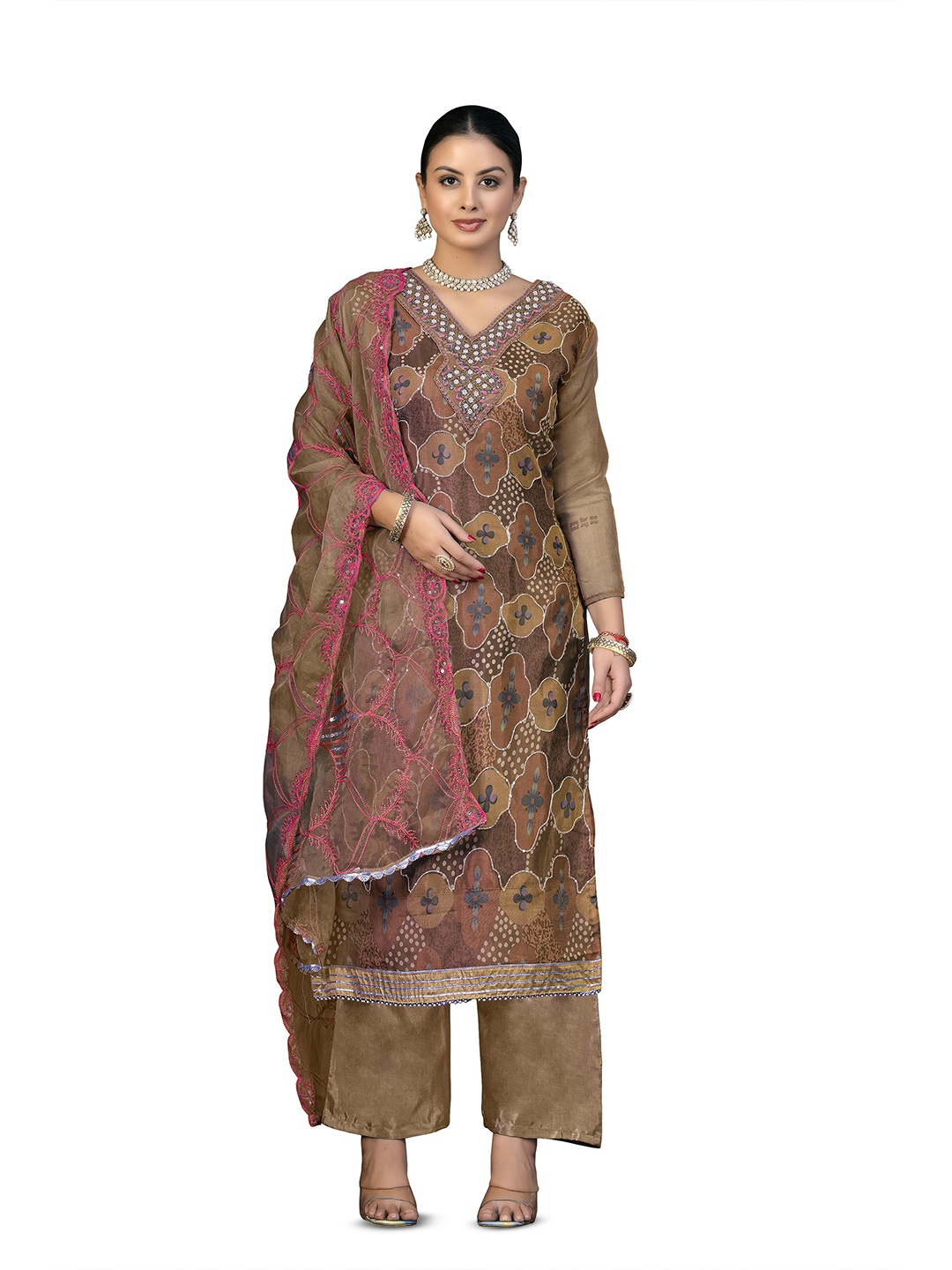 

MANVAA Floral Printed Sequinned Unstitched Dress Material, Brown