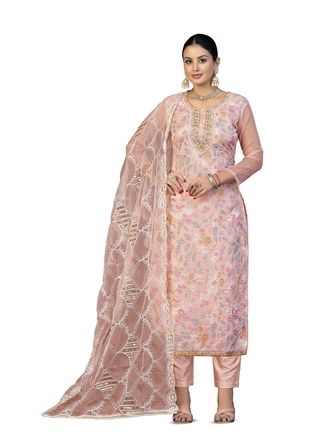 

MANVAA Floral Printed Organza Unstitched Dress Material, Peach