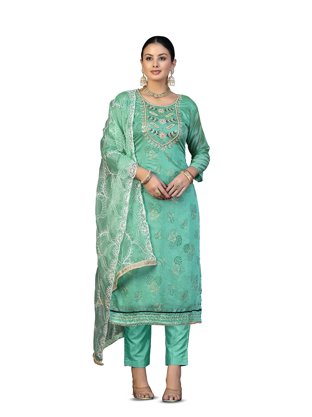 

MANVAA Ethnic Motifs Printed Unstitched Dress Material, Sea green
