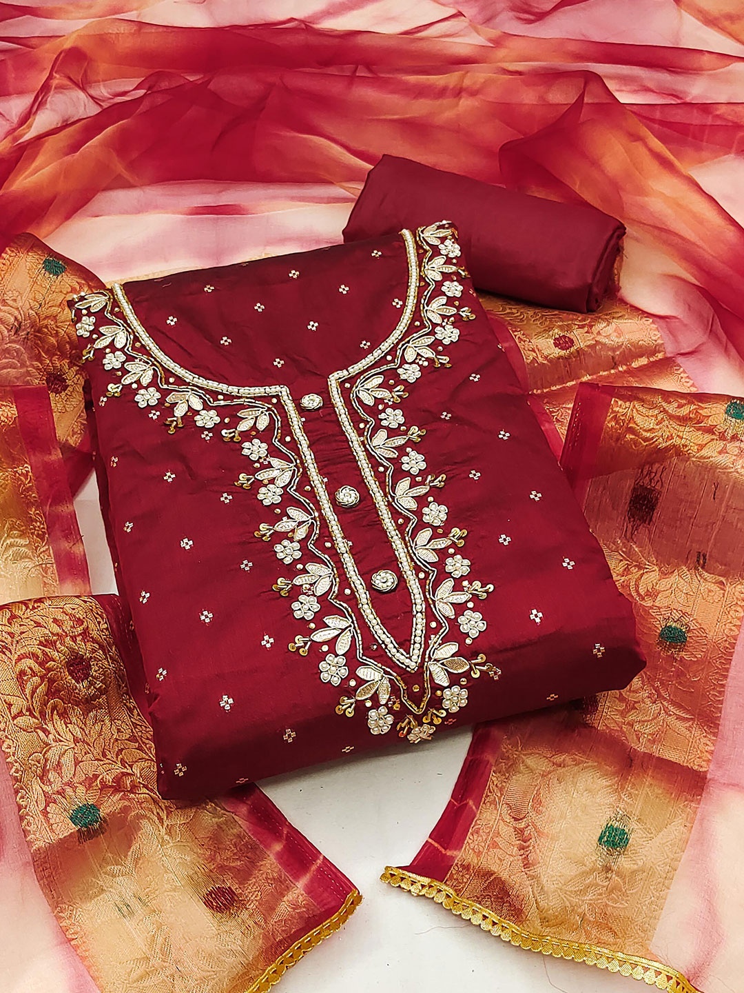 

MANVAA Ethnic Motifs Embroidered Beads and Stones Unstitched Dress Material, Maroon