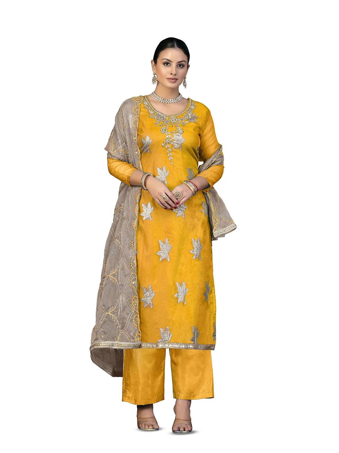 

MANVAA Floral Embroidered Beads & Stones Unstitched Dress Material, Orange