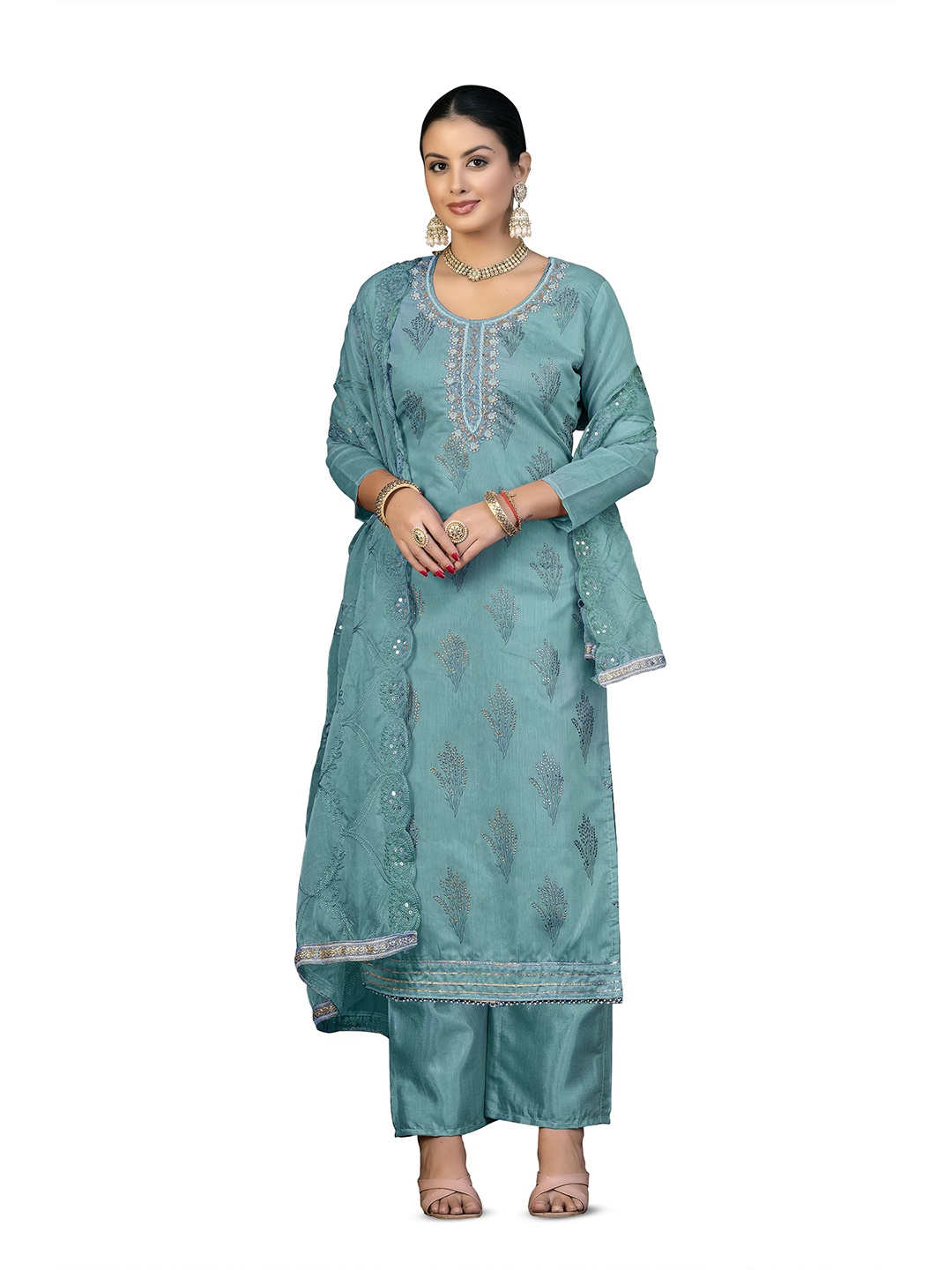 

MANVAA Ethnic Motifs Printed Beads and Stones Unstitched Dress Material, Blue