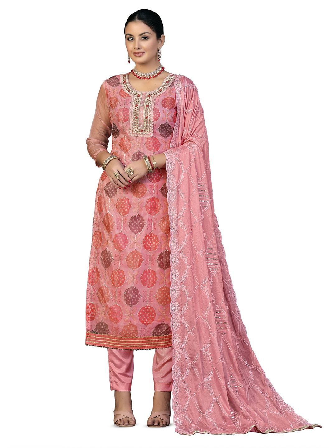 

MANVAA Floral Embroidered Sequinned Unstitched Dress Material, Peach