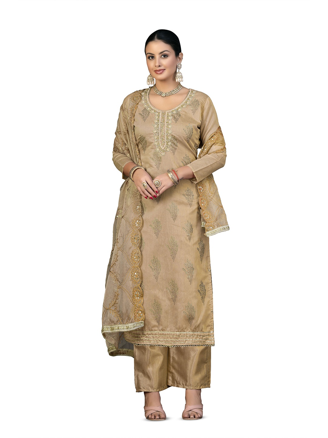 

MANVAA Floral Printed Zari Unstitched Dress Material, Beige