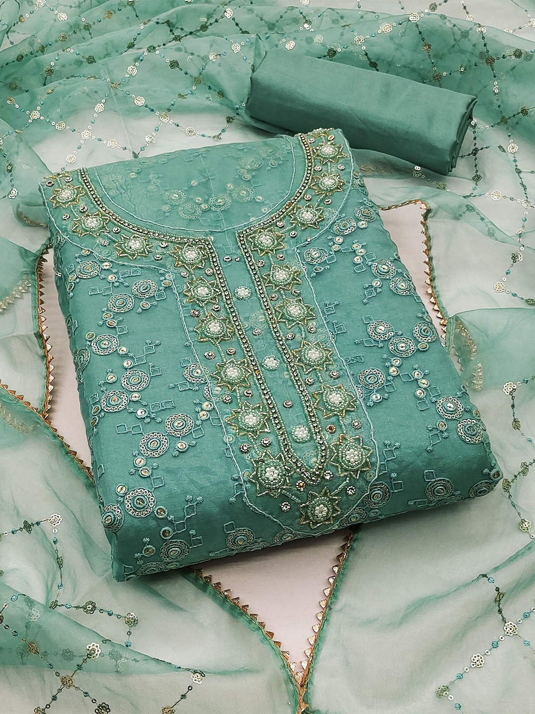 

MANVAA Embellished Organza Unstitched Dress Material, Sea green