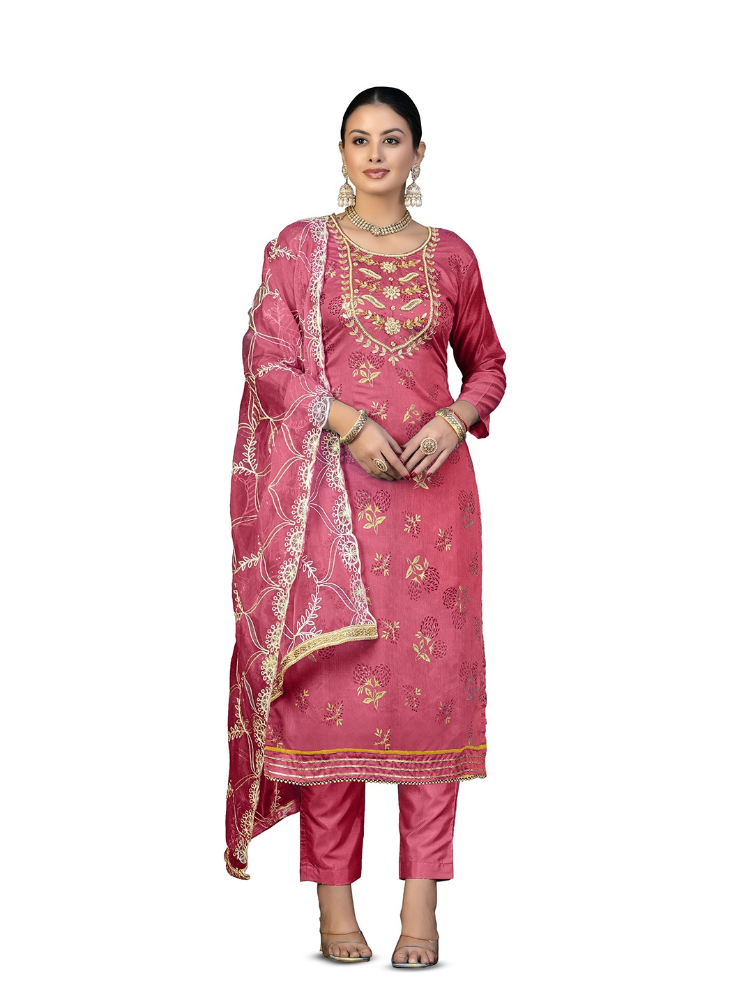

MANVAA Floral Printed Zari Unstitched Dress Material, Pink