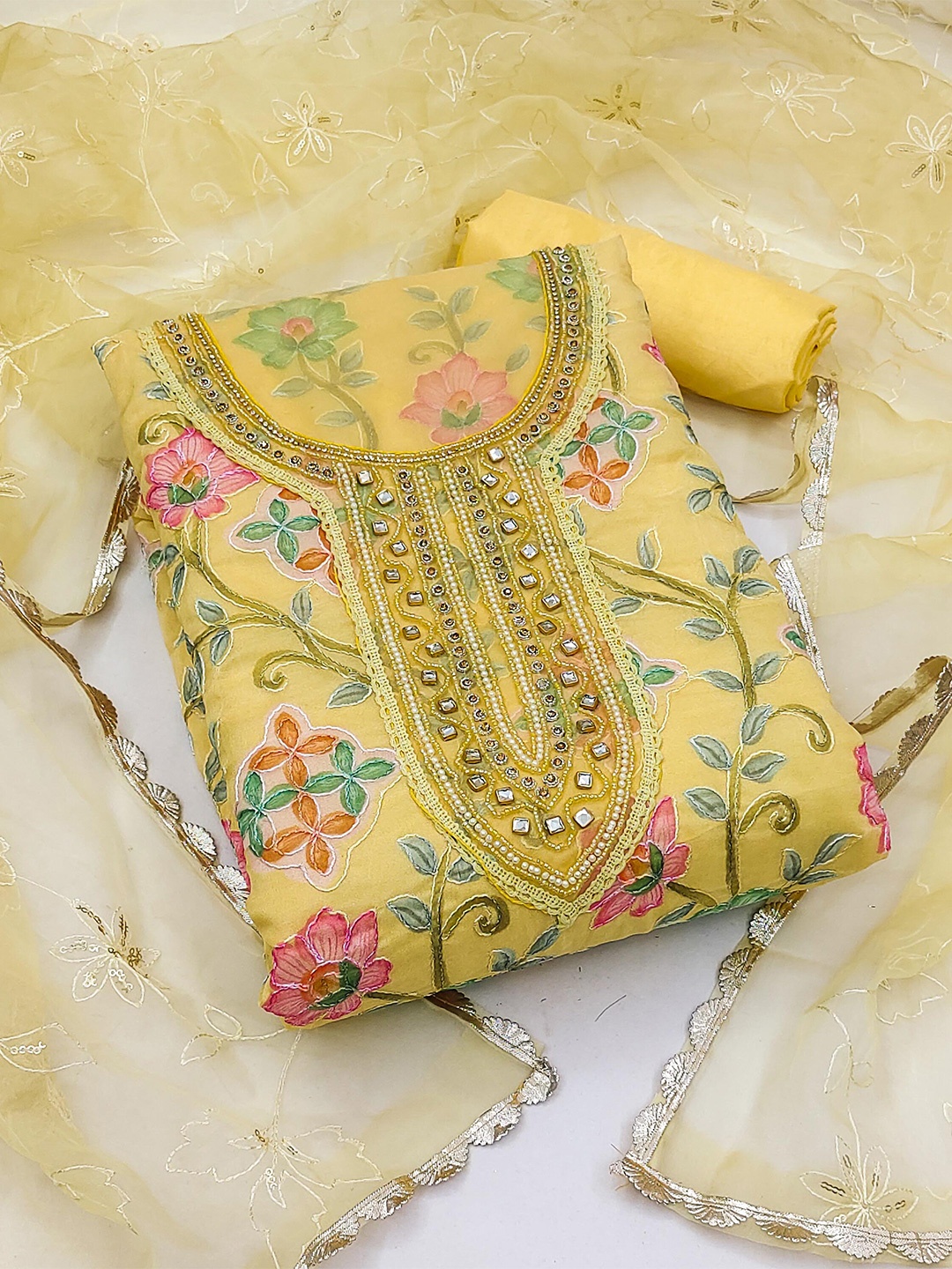 

MANVAA Floral Embroidered Zari Unstitched Dress Material, Yellow